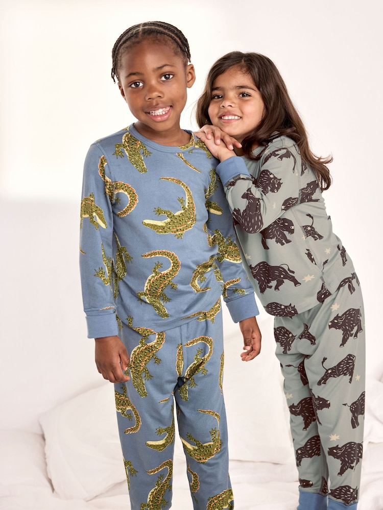 Chelsea Peers Blue Kids Two Pack Crocodile Lagoon / Star Light Bison Print Long Pyjama Set - Image 1 of 8 Chelsea Peers Blue Kids Two Pack Crocodile Lagoon / Star Light Bison Print Long Pyjama Set - Image 1 of 8