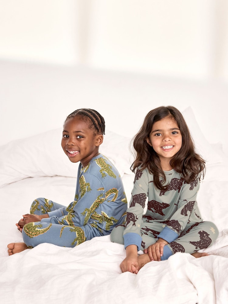Chelsea Peers Blue Kids Two Pack Crocodile Lagoon / Star Light Bison Print Long Pyjama Set - Image 2 of 8 Chelsea Peers Blue Kids Two Pack Crocodile Lagoon / Star Light Bison Print Long Pyjama Set - Image 2 of 8