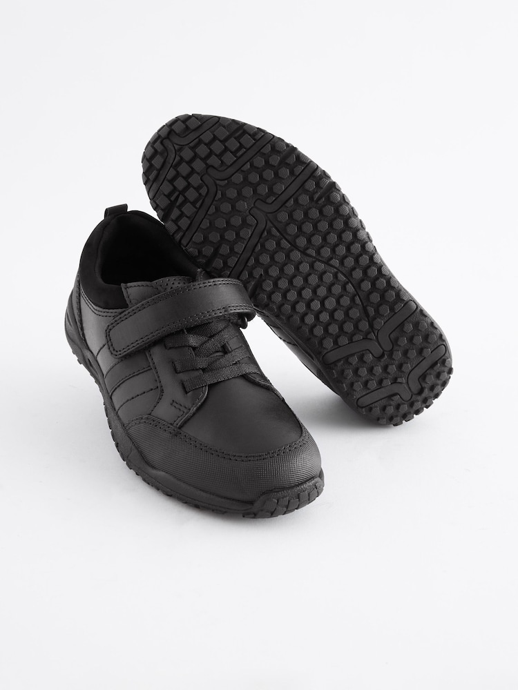 Black Extra Wide Fit (H) School Leather Elastic Lace Shoes - Image 1 of 6