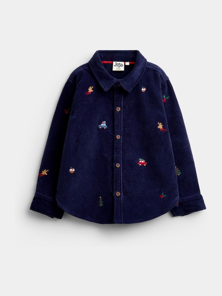 JoJo Maman Bébé Navy Blue Christmas Embroidered Cord Shirt - Image 1 of 4 JoJo Maman Bébé Navy Blue Christmas Embroidered Cord Shirt - Image 1 of 4