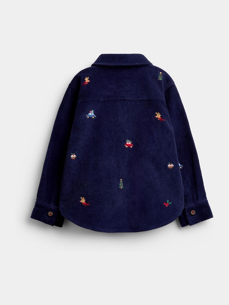JoJo Maman Bébé Navy Blue Christmas Embroidered Cord Shirt - Image 2 of 4 JoJo Maman Bébé Navy Blue Christmas Embroidered Cord Shirt - Image 2 of 4