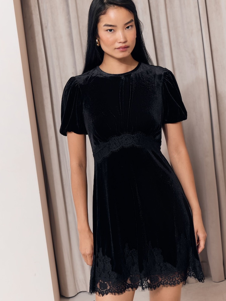 Black Velvet Lace Trim Short Sleeve Mini Dress - Image 2 of 5 Black Velvet Lace Trim Short Sleeve Mini Dress - Image 2 of 5