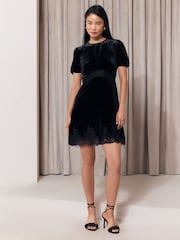 Black Velvet Lace Trim Short Sleeve Mini Dress - Image 3 of 5