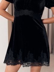 Black Velvet Lace Trim Short Sleeve Mini Dress - Image 4 of 5