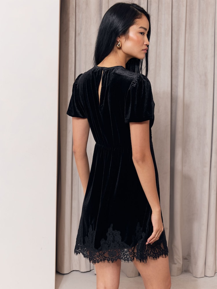 Black Velvet Lace Trim Short Sleeve Mini Dress - Image 5 of 5 Black Velvet Lace Trim Short Sleeve Mini Dress - Image 5 of 5
