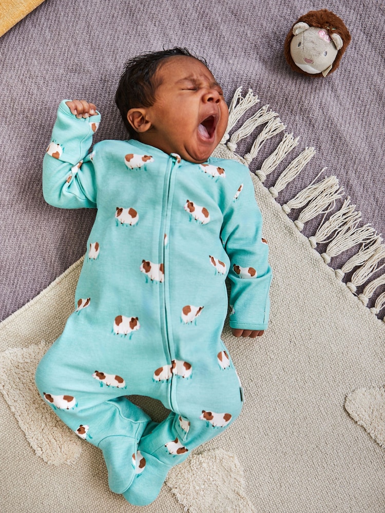 JoJo Maman Bébé Blue Guinea Pig Print Zip Cotton Baby Sleepsuit - Image 2 of 4