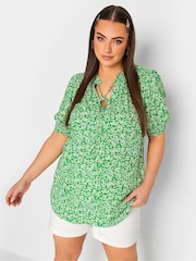 Yours Curve Green Floral Print Tie Neck Blouse - Image 1 of 4