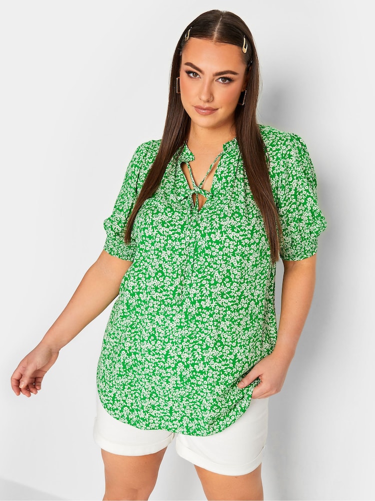 Yours Curve Green Floral Print Tie Neck Blouse - Image 1 of 4