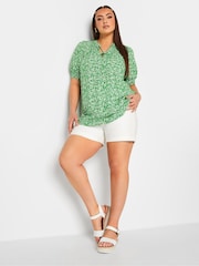 Yours Curve Green Floral Print Tie Neck Blouse - Image 2 of 4