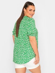 Yours Curve Green Floral Print Tie Neck Blouse - Image 3 of 4