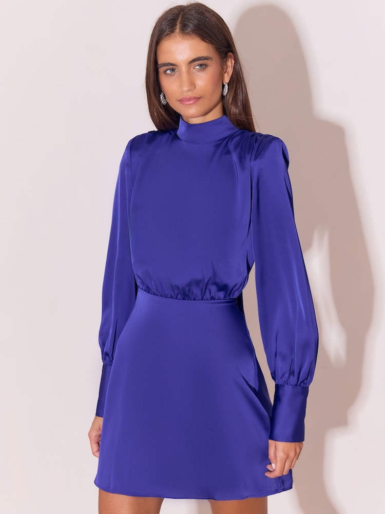 Lipsy Cobalt Blue Satin Shoulder Padded Long Sleeve Mini Dress - Image 1 of 6