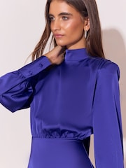 Lipsy Cobalt Blue Satin Shoulder Padded Long Sleeve Mini Dress - Image 4 of 6