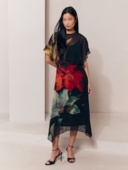 Black Floral Print Mesh Cape Hanky Hem Fit And Flare Maxi Dress - Image 1 of 5