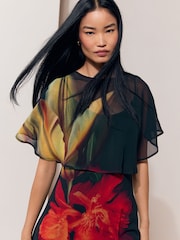 Black Floral Print Mesh Cape Hanky Hem Fit And Flare Maxi Dress - Image 2 of 5