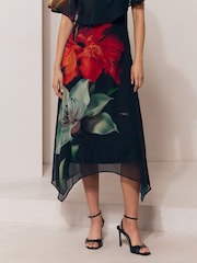 Black Floral Print Mesh Cape Hanky Hem Fit And Flare Maxi Dress - Image 3 of 5