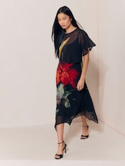 Black Floral Print Mesh Cape Hanky Hem Fit And Flare Maxi Dress - Image 4 of 5