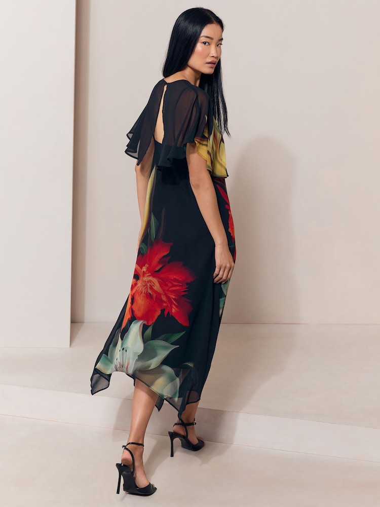Black Floral Print Mesh Cape Hanky Hem Fit And Flare Maxi Dress - Image 5 of 5 Black Floral Print Mesh Cape Hanky Hem Fit And Flare Maxi Dress - Image 5 of 5