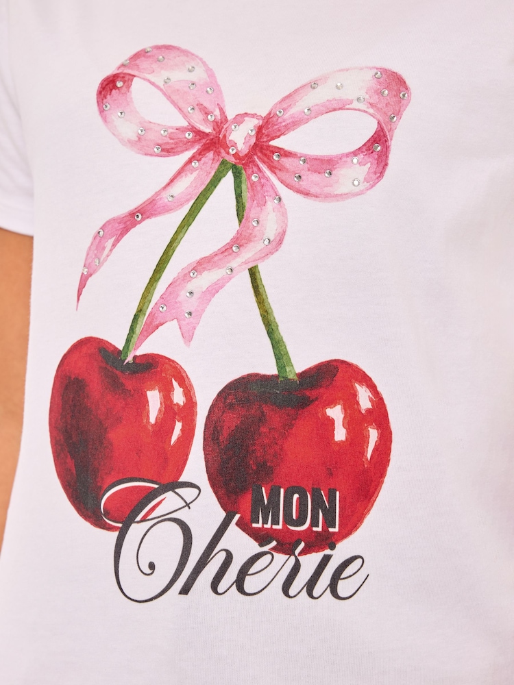 Lipsy White Cherry Graphic T-Shirt (5-16yrs) - Image 5 of 5