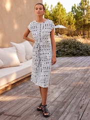 Ecru White Spot 100% Cotton Short Sleeve Tie Side Summer Dress - Image 2 of 8