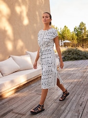 Ecru White Spot 100% Cotton Short Sleeve Tie Side Summer Dress - Image 3 of 8