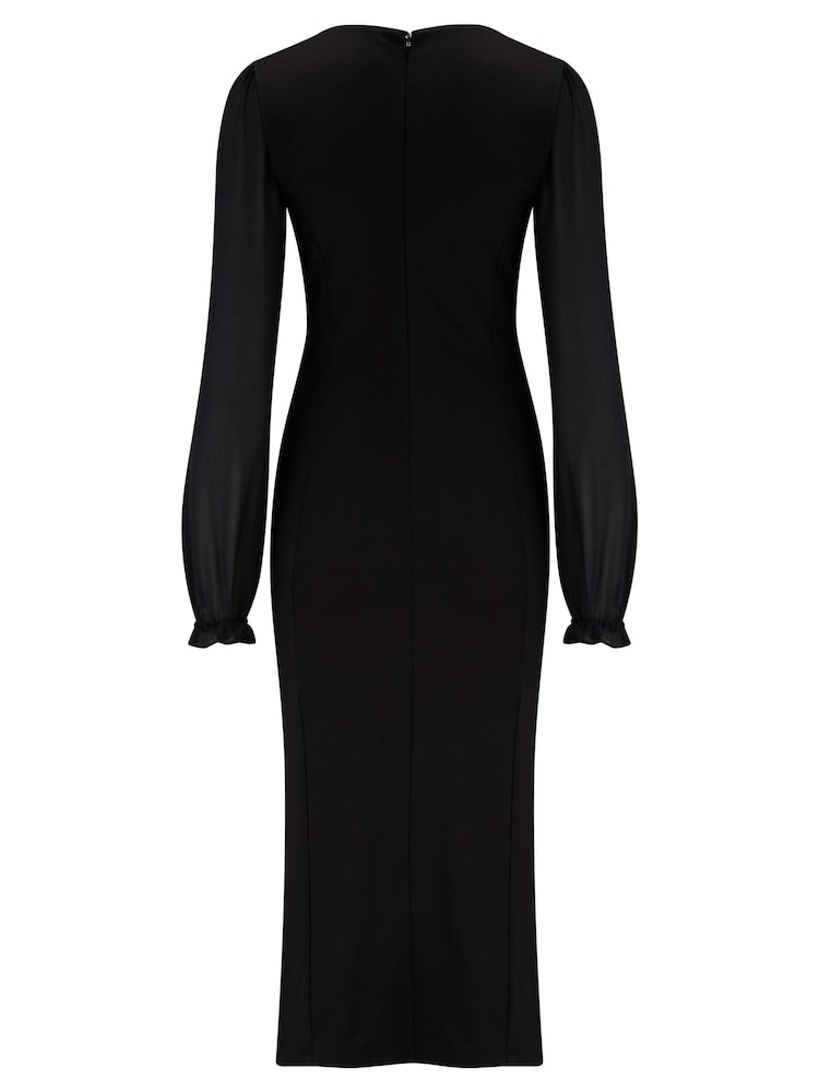 Pour Moi Black Jessica Chiffon Sleeve Bodycon Stretch Ponte Midi Dress - Image 4 of 4