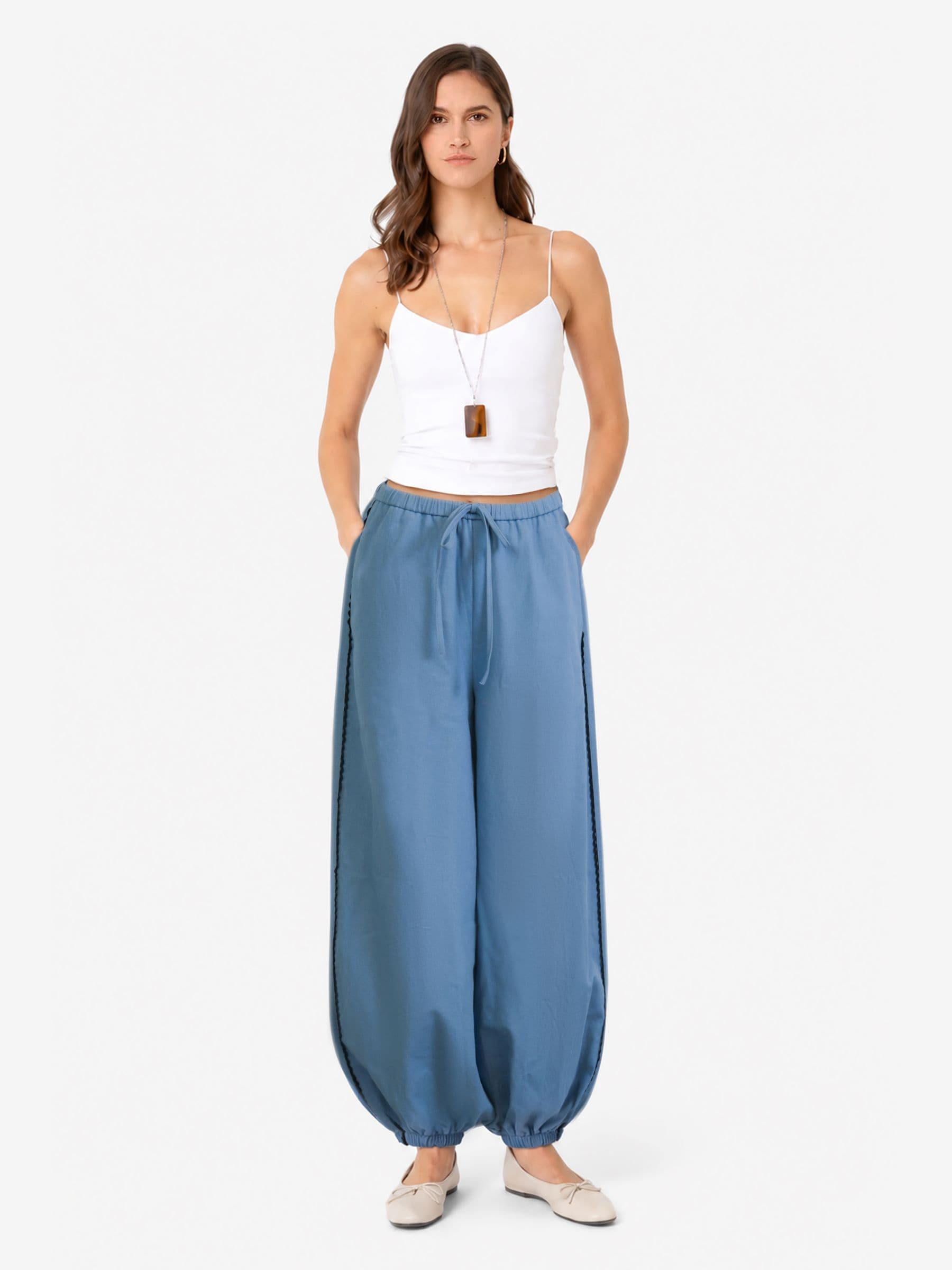 Buy Amy Lynn Blue Emmie Cotton Denim Trim Detail Trousers from the