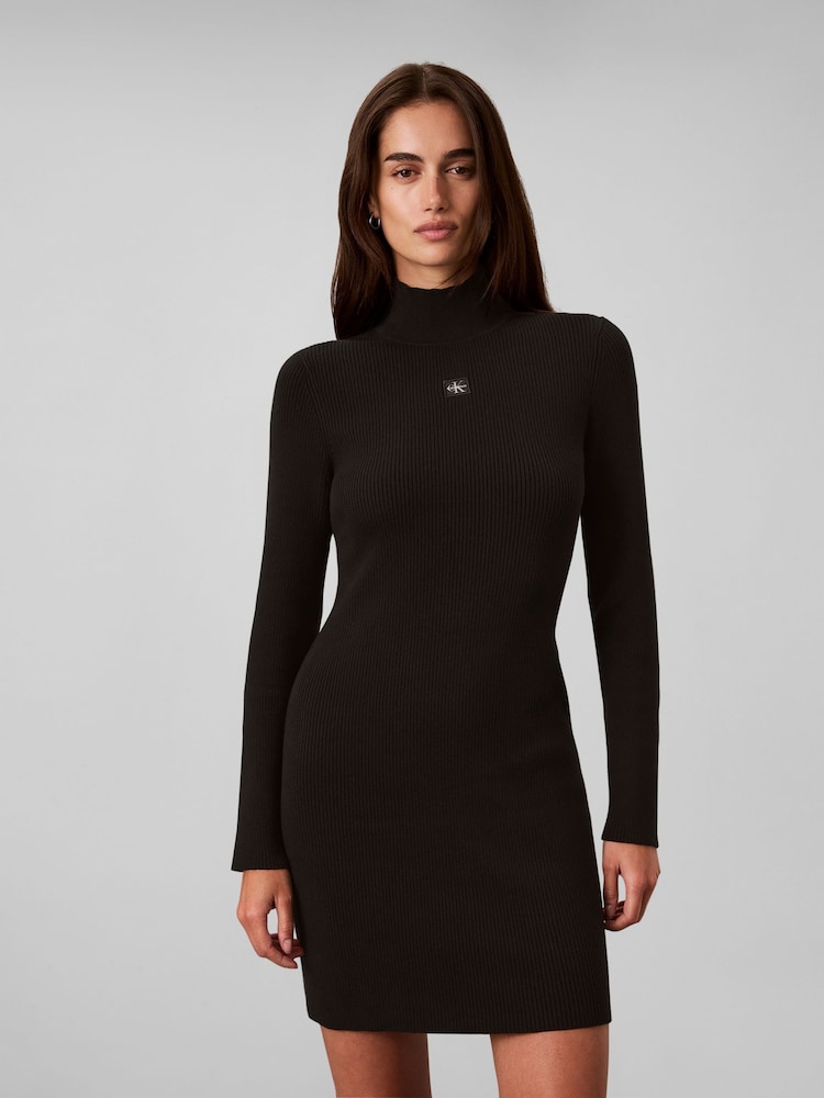Calvin Klein Black Slim Ribbed Cotton Mini Dress - Image 1 of 5 Calvin Klein Black Slim Ribbed Cotton Mini Dress - Image 1 of 5
