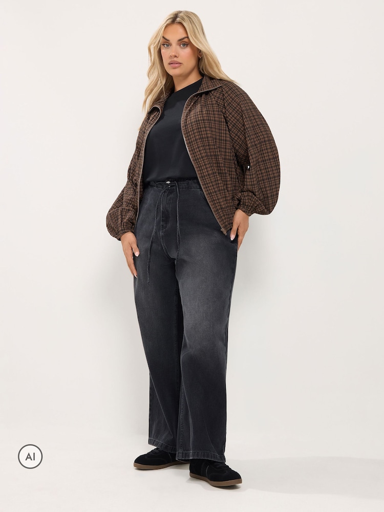 Yours Curve Brown Gingham Funnel Neck Bomber Jacket - Image 1 of 6 Yours Curve Brown Gingham Funnel Neck Bomber Jacket - Image 1 of 6