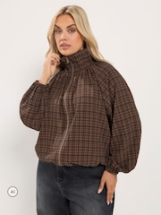Yours Curve Brown Gingham Funnel Neck Bomber Jacket - Image 2 of 6