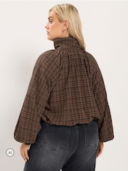 Yours Curve Brown Gingham Funnel Neck Bomber Jacket - Image 3 of 6