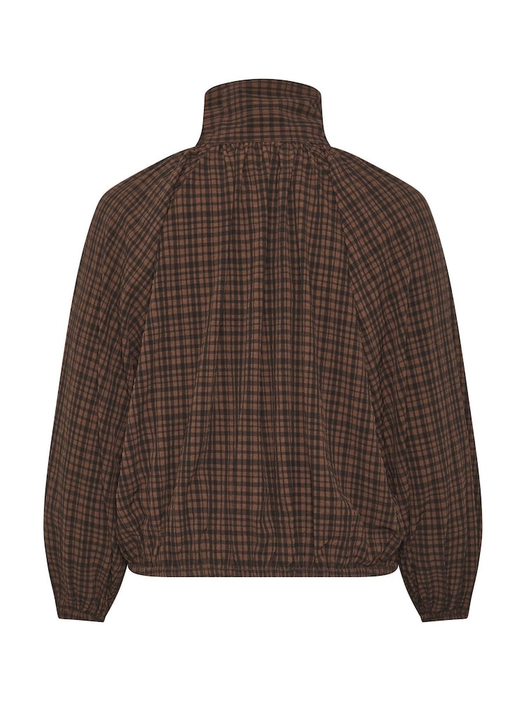 Yours Curve Brown Gingham Funnel Neck Bomber Jacket - Image 6 of 6 Yours Curve Brown Gingham Funnel Neck Bomber Jacket - Image 6 of 6