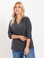 Yours Curve Grey Jersey Full Placket Shirt - Image 1 of 6
