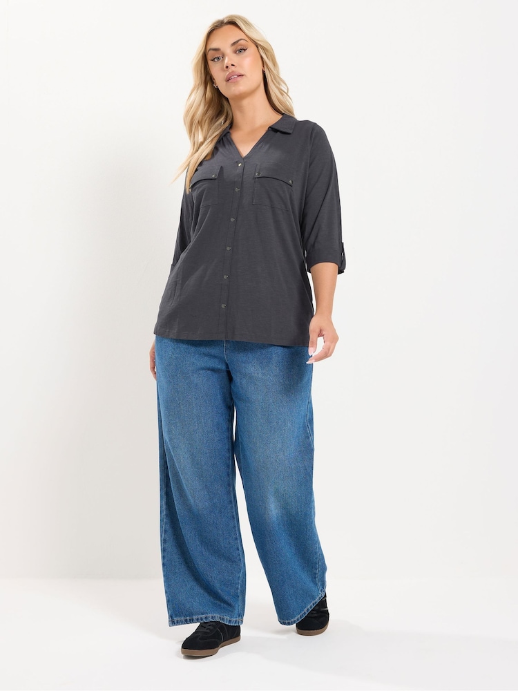 Yours Curve Grey Jersey Full Placket Shirt - Image 2 of 6