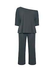 Yours Curve Grey Co-ord Slash Neck T-Shirt And Trousers Set - Image 1 of 6