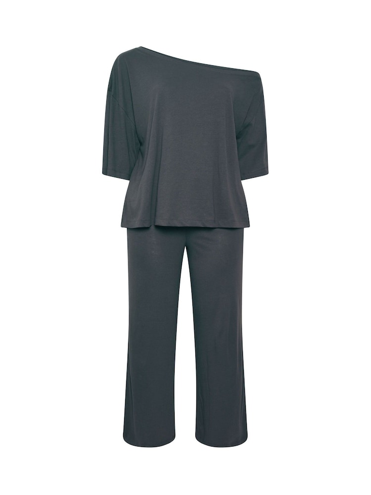 Yours Curve Grey Co-ord Slash Neck T-Shirt And Trousers Set - Image 1 of 6