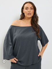 Yours Curve Grey Co-ord Slash Neck T-Shirt And Trousers Set - Image 3 of 6