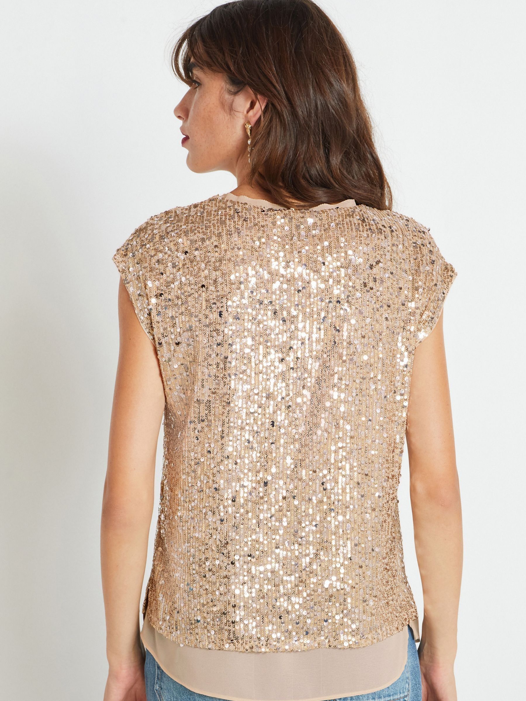 Buy Champagne Gold Short Sleeve V Neck Sequin Top from Next Luxembourg