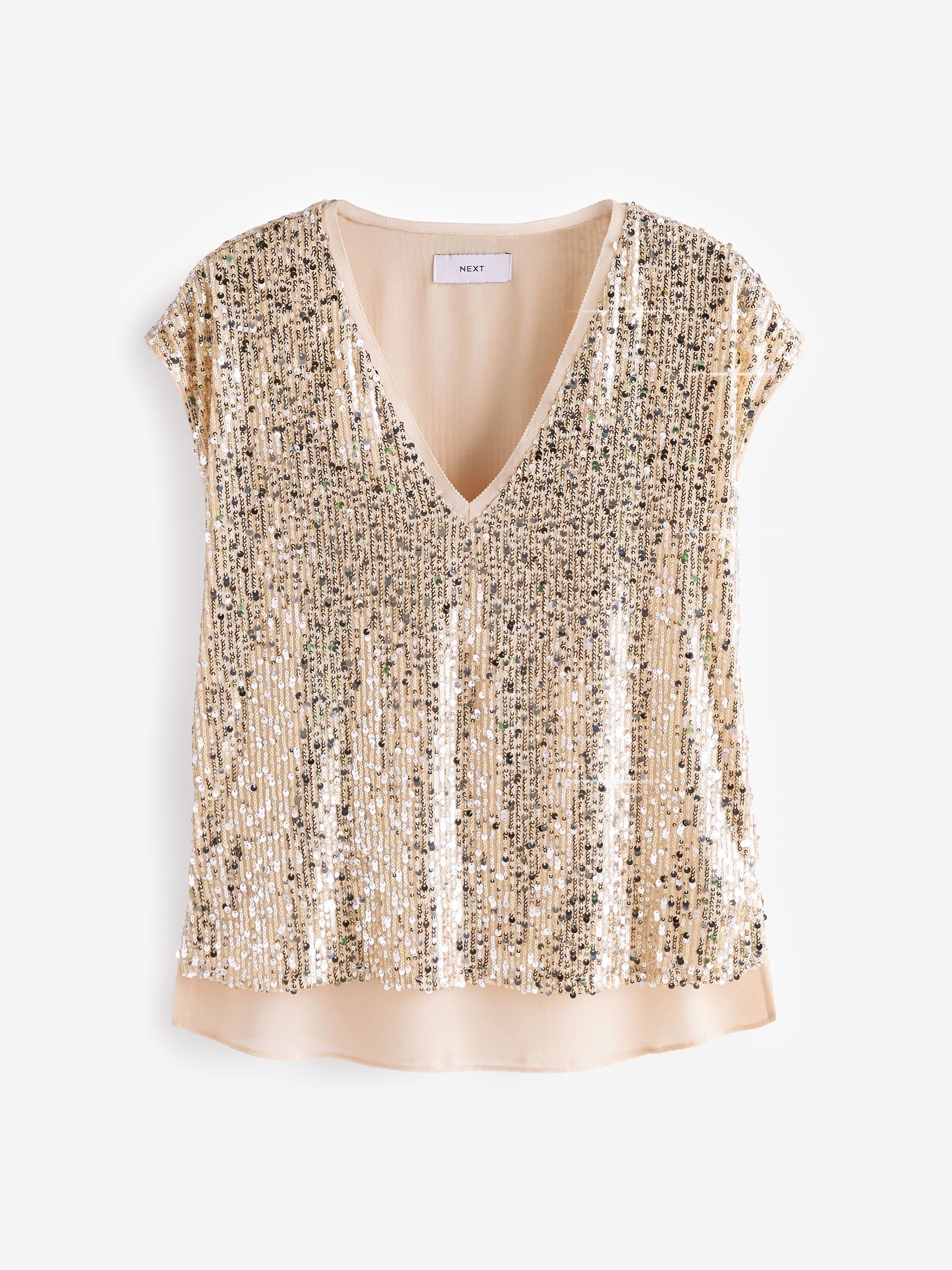 Buy Champagne Gold Short Sleeve V Neck Sequin Top from Next Luxembourg