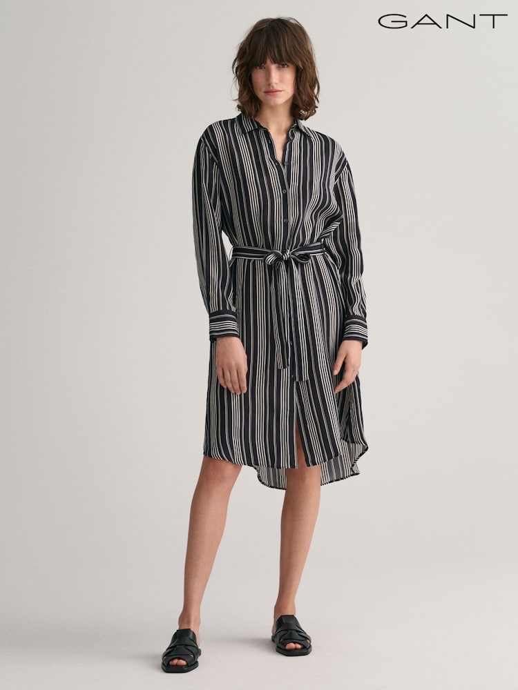 GANT Black Relaxed Fit Striped A-Line Shirt Dress - Image 9 of 9