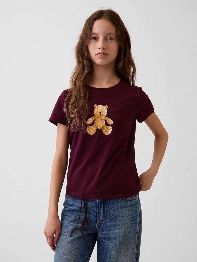 Oso Brannan burdeos - Camiseta de manga corta de algodón con estampado gráfico y logotipo de Gap (4-13 años) - Imagen 1 de 4
