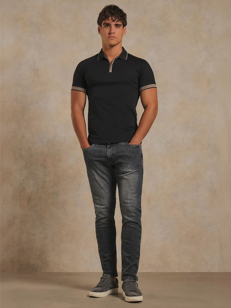 Tailored Athlete Black Muscle Fit Mercerised Cotton Tipped Zip Neck Polo Shirt - Image 1 of 7 Tailored Athlete Black Muscle Fit Mercerised Cotton Tipped Zip Neck Polo Shirt - Image 1 of 7