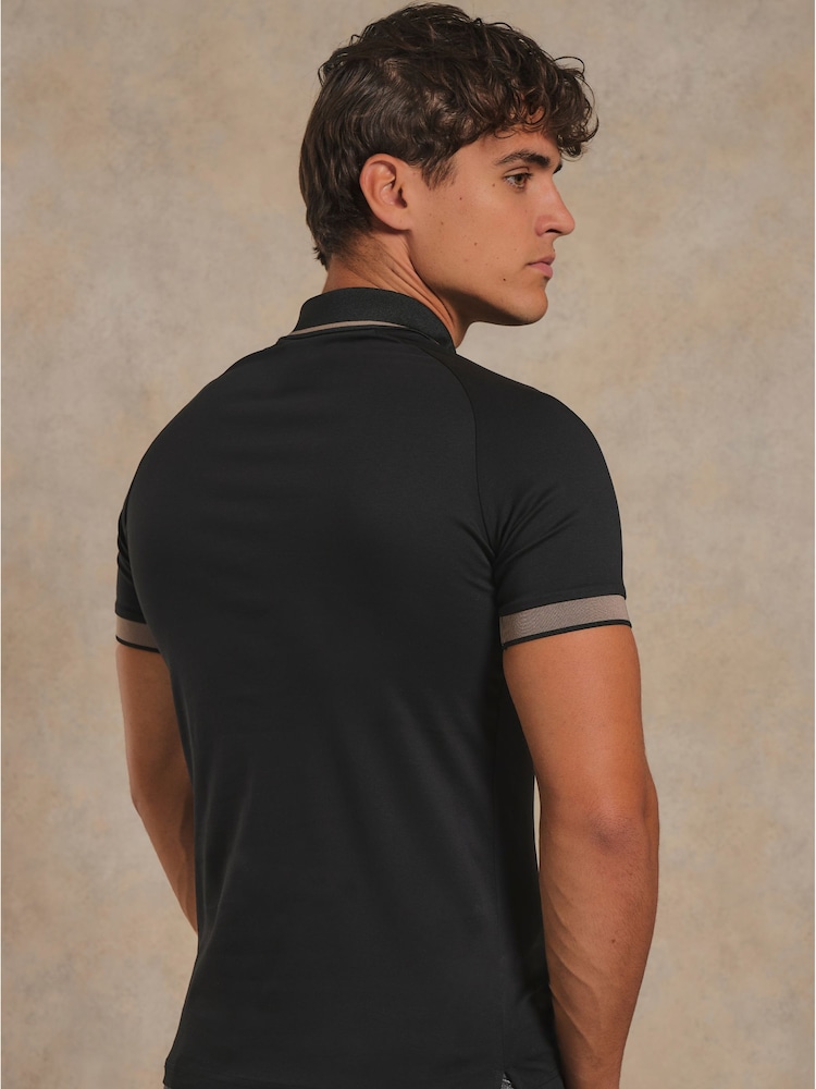 Tailored Athlete Black Muscle Fit Mercerised Cotton Tipped Zip Neck Polo Shirt - Image 2 of 7 Tailored Athlete Black Muscle Fit Mercerised Cotton Tipped Zip Neck Polo Shirt - Image 2 of 7
