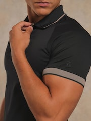 Tailored Athlete Black Muscle Fit Mercerised Cotton Tipped Zip Neck Polo Shirt - Image 3 of 7