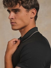 Tailored Athlete Black Muscle Fit Mercerised Cotton Tipped Zip Neck Polo Shirt - Image 4 of 7