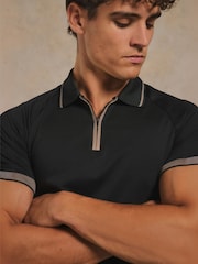 Tailored Athlete Black Muscle Fit Mercerised Cotton Tipped Zip Neck Polo Shirt - Image 5 of 7
