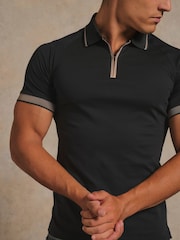 Tailored Athlete Black Muscle Fit Mercerised Cotton Tipped Zip Neck Polo Shirt - Image 6 of 7