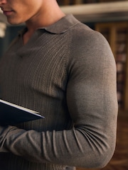 Tailored Athlete Brown Muscle Fit Fine Cable Knitted Open Collar Polo Shirt - Image 3 of 5
