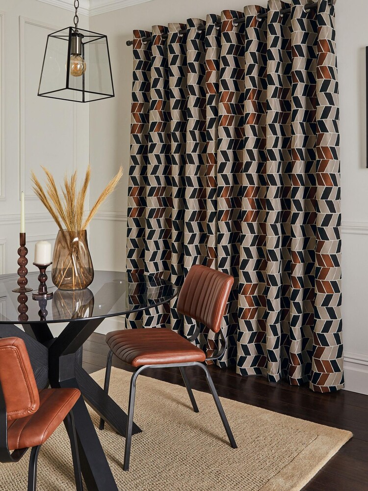 Monochrome/Brown Chevron Jacquard Eyelet Lined Curtains - Image 1 of 6