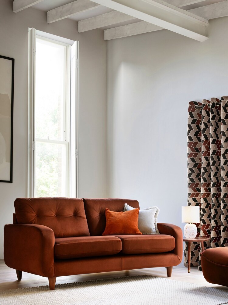 Monochrome/Brown Chevron Jacquard Eyelet Lined Curtains - Image 4 of 6