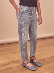 Charcoal Mom Sequin Embellished 100% Cotton Jeans (3-16yrs) - Image 1 of 5